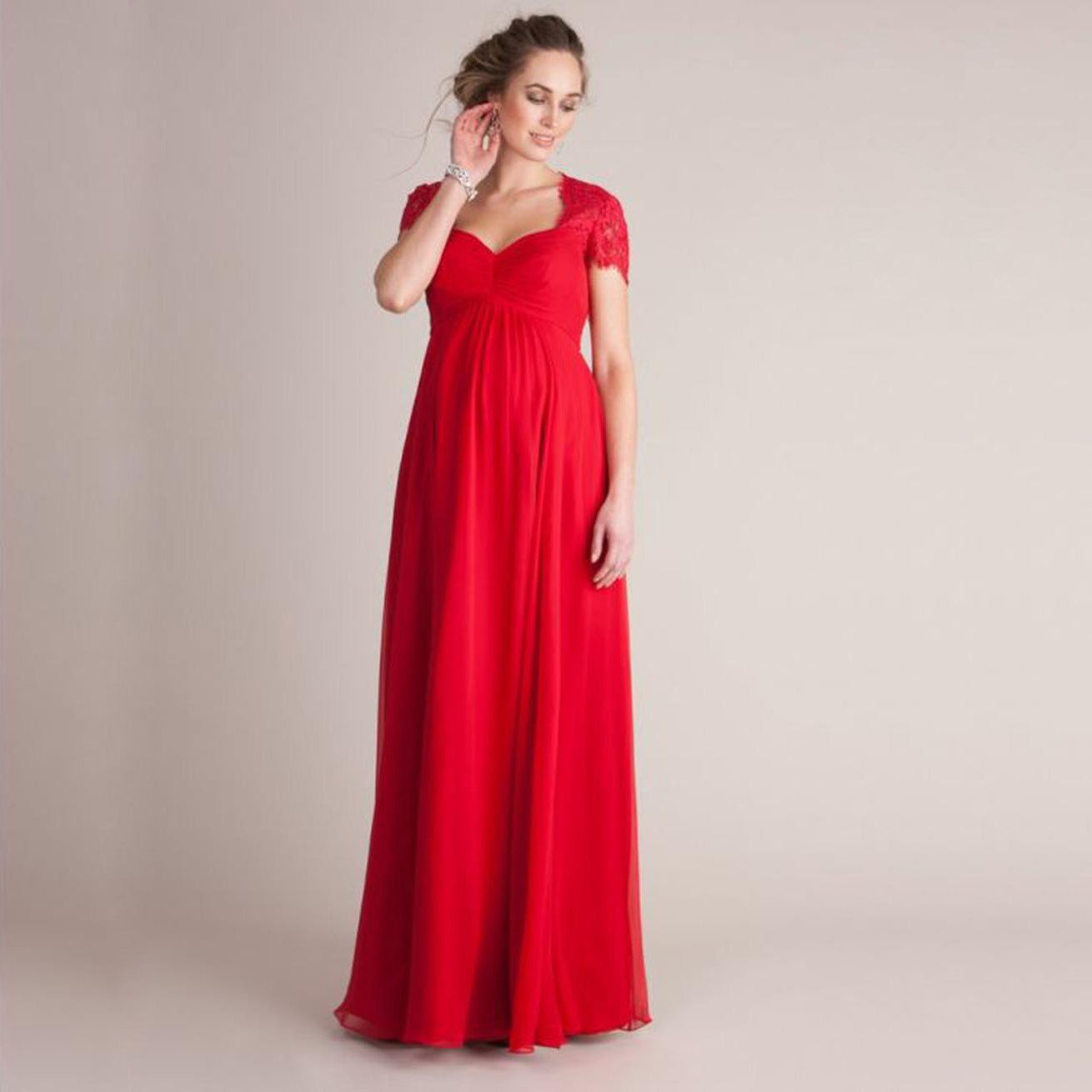 Lace Cap Sleeve Maternity Wedding Dress | Elegant Empire Waist Bridal Gown.