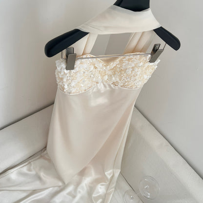 Champagne Satin Maxi Dress with Lace Trim - Elegant Strapless Evening Gown