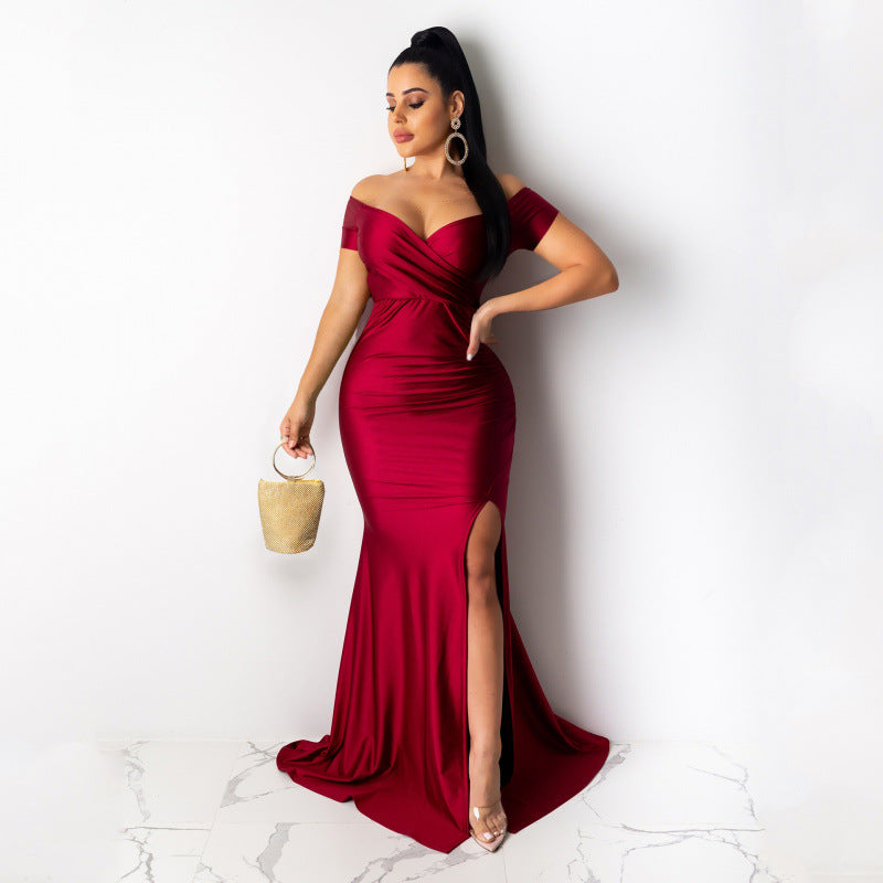 Nightclub V-neck Formal Dress In Solid Color With A High Slit And Short Sleeves