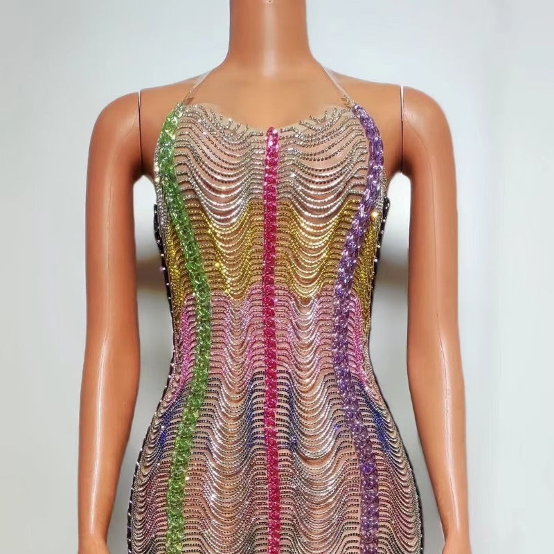 Colorful Drill Chain Dress Performance Costume Party Evening Dress