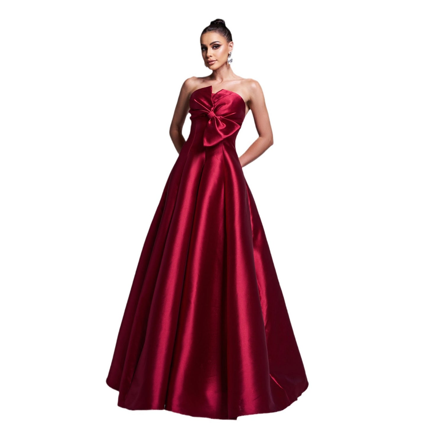 Elegant Long Formal Red Dress With Bow