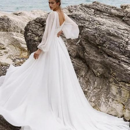 Boho Chiffon A-Line Wedding Dress with Long Bishop Sleeves & High Slit.