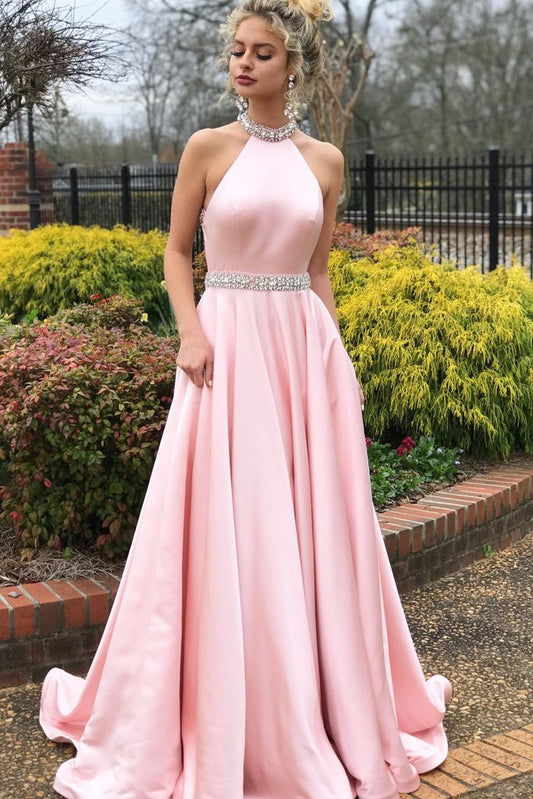 Pink Sleeveless Halter Diamond Beautiful Backless Formal Dress