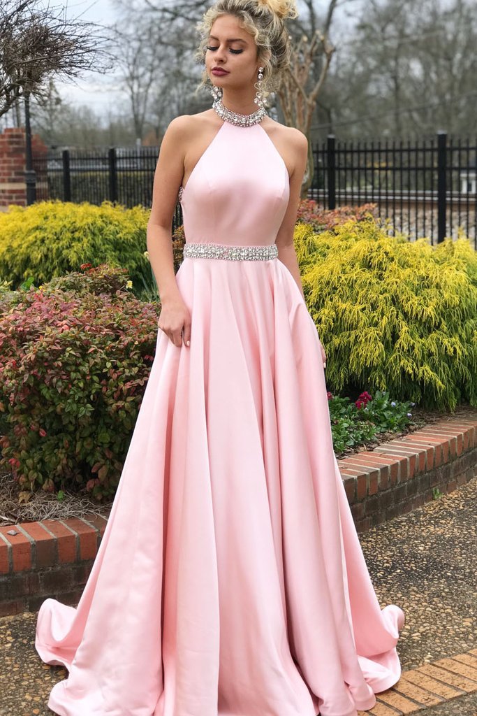 Pink Sleeveless Halter Diamond Beautiful Backless Formal Dress