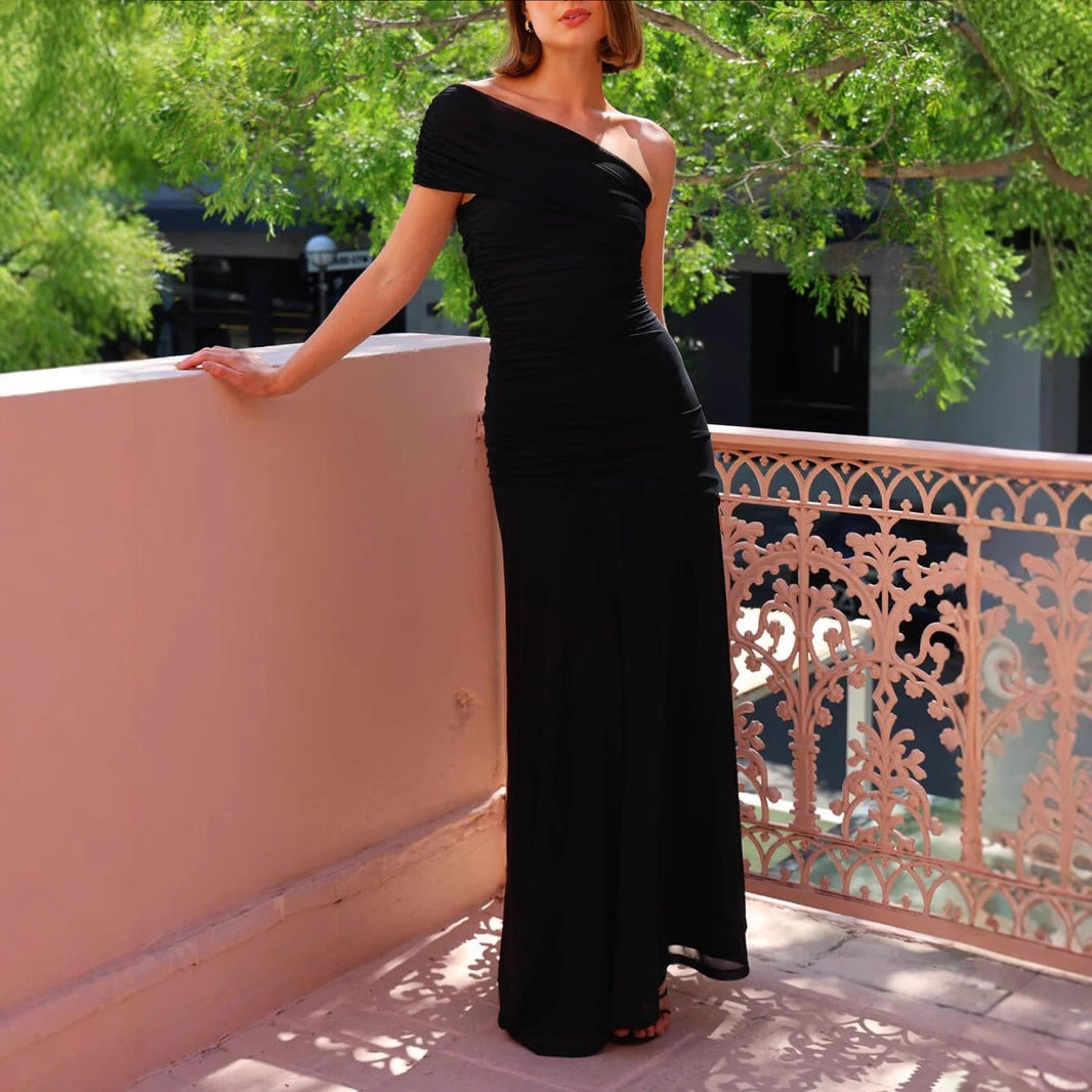 Womens Solid-Color Off-the-Shoulder Halter Backless Dress