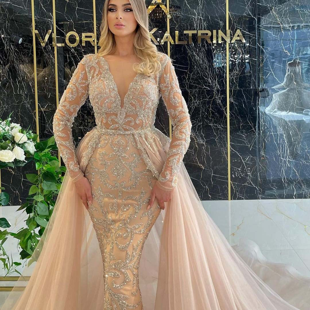 2-in-1 Luxury Beaded Mermaid Wedding Dress with Detachable Overskirt.