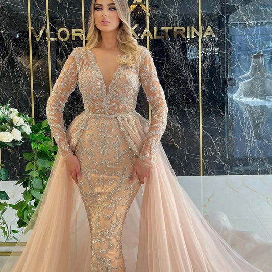 2-in-1 Luxury Beaded Mermaid Wedding Dress with Detachable Overskirt.