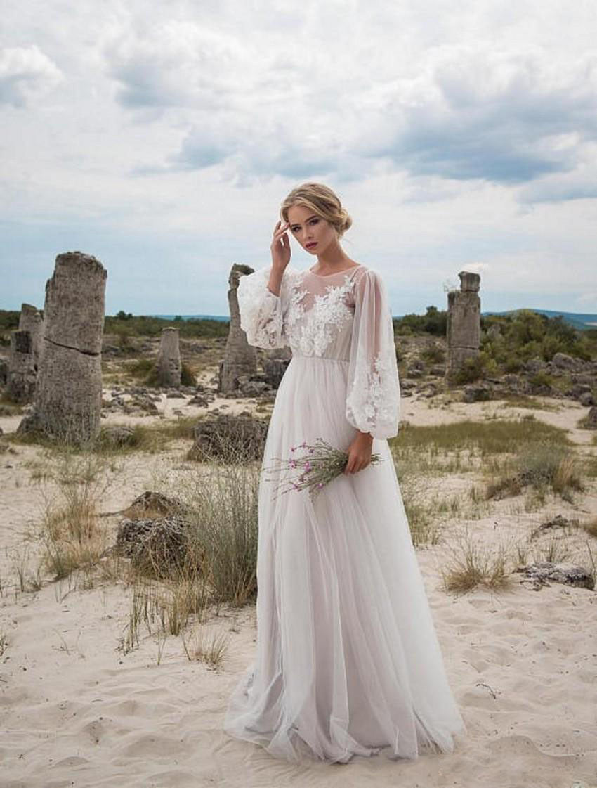 Boho Long Sleeve Embroidered Wedding Dress - Romantic Tulle Bridal Gown.
