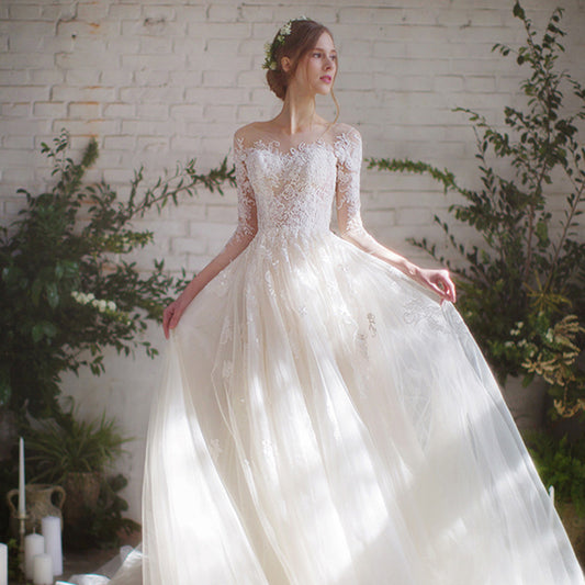 Off – The – Shoulder Lace Ball Gown Wedding Dress – 3D Floral Bridal Gown with Train. luxury bridal gown by Bridal Boutique