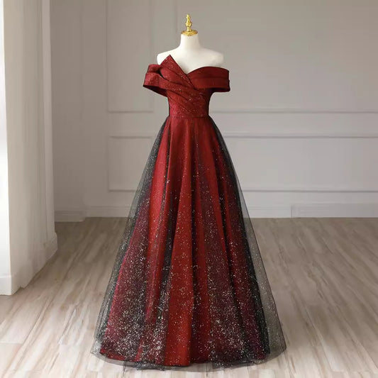 Off-shoulder Red Formal Dress Plus Size Slimming Engagement Dress