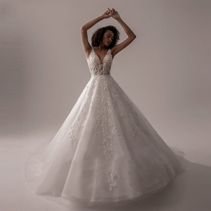 Classic Lace Ball Gown Wedding Dress with Plunging V-Neckline.