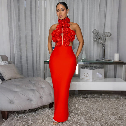 Sexy Halter Large Flower Evening Dress