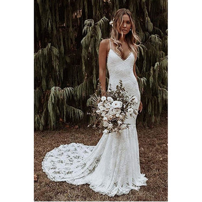 Boho Lace Mermaid Wedding Dress with Spaghetti Straps and Low Back.