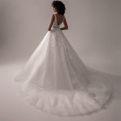 Classic Lace Ball Gown Wedding Dress with Plunging V-Neckline.
