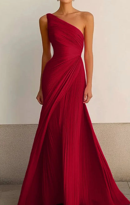 One-shoulder pleated long dress, flowing tight dress