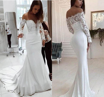 Deep V-Neck Chiffon A-Line Wedding Dress with Long Lace Sleeves.