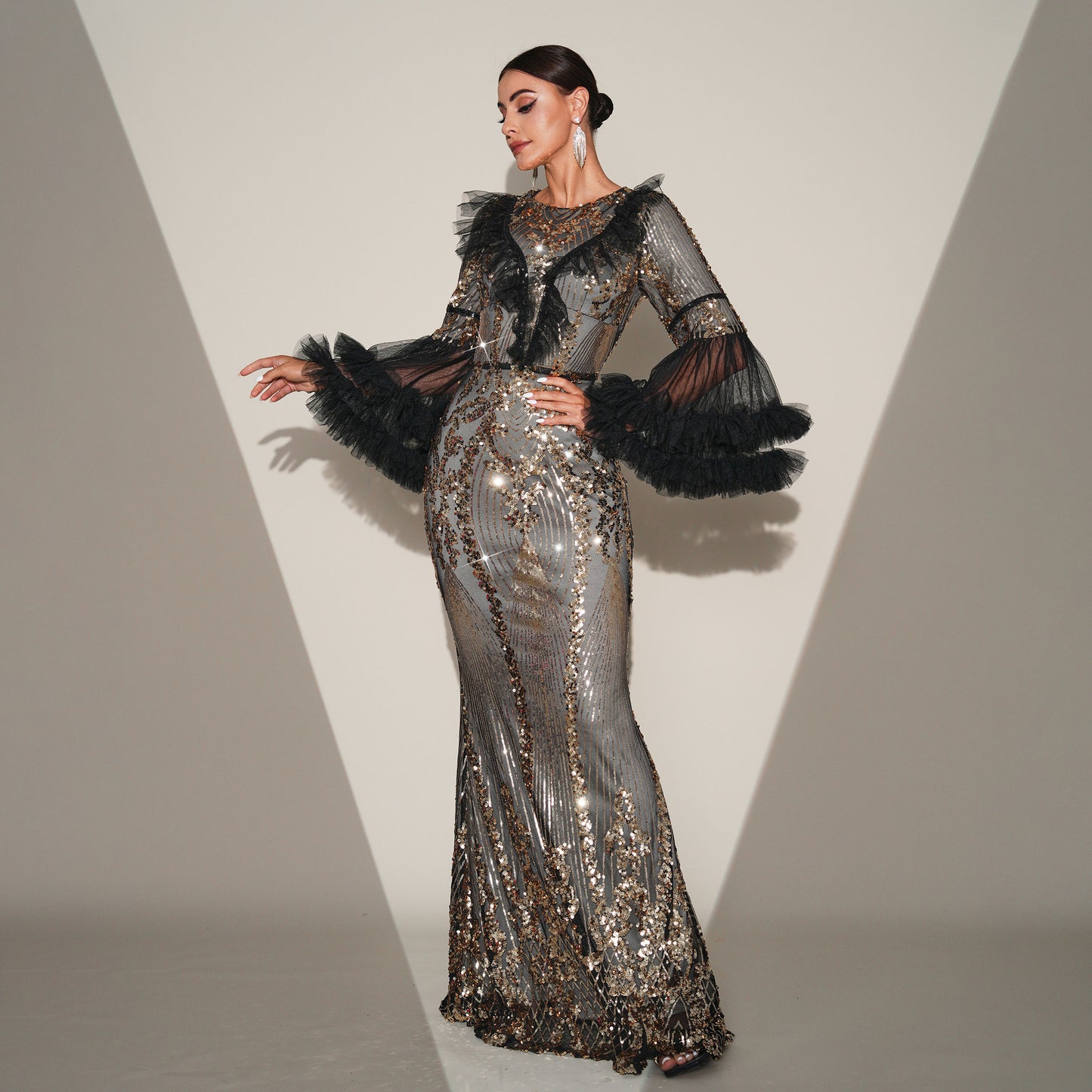 High-end Temperament Round-neck Long Sequined Banquet Fishtail Evening Statement Dress Plus Size Availabke