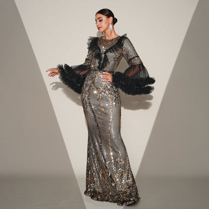 High-end Temperament Round-neck Long Sequined Banquet Fishtail Evening Statement Dress Plus Size Availabke
