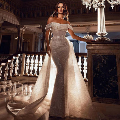 Off-The-Shoulder Pearl Mermaid Wedding Dress with Detachable Train
