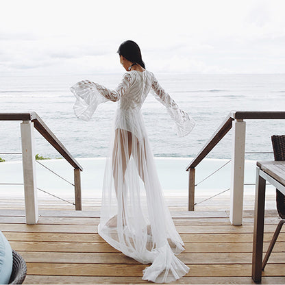 Boho Long Sleeve Lace Beach Cover-Up – Sheer Mesh Maxi Dress