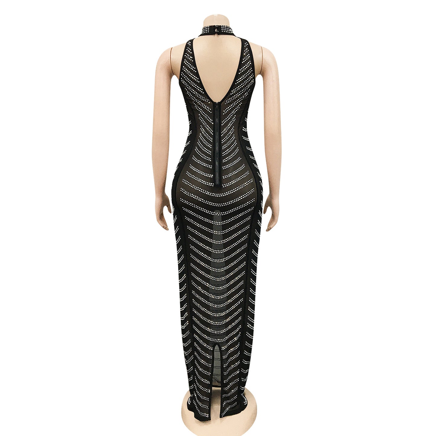 Fashionable Backless Nightclub Party Formal Dress Rhinestone See-through Dress For Women