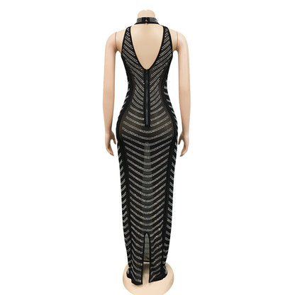 Fashionable Backless Nightclub Party Formal Dress Rhinestone See-through Dress For Women