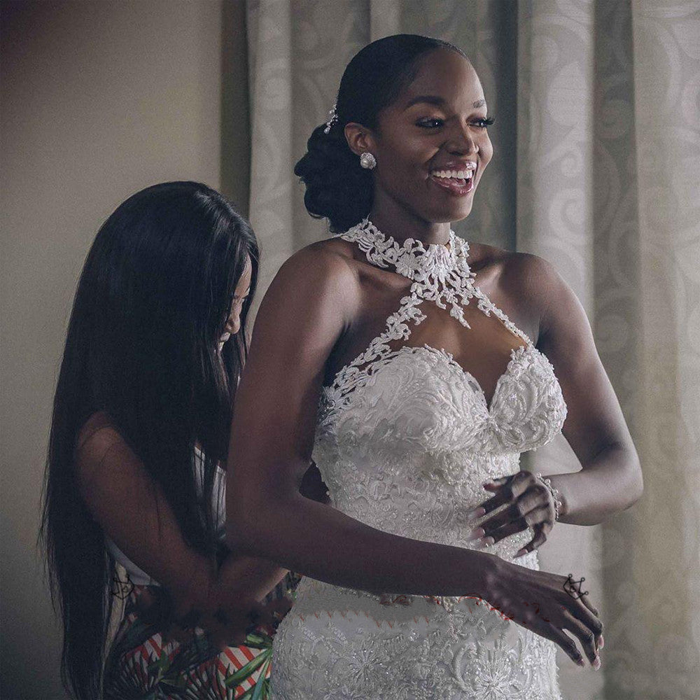 Vintage Halter Mermaid Wedding Dress | Beaded Lace Bridal Gown.