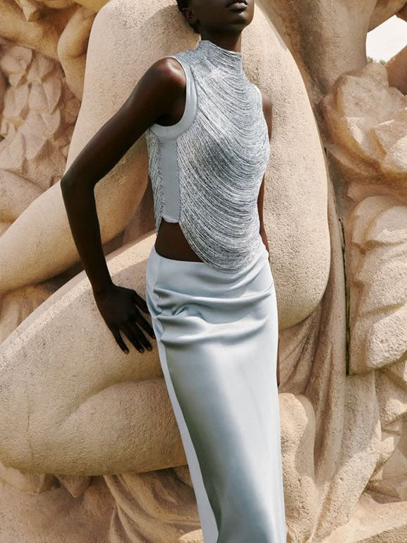 Elegant Sleeveless Tassel-trimmed Zippered Satin Fishtail Maxi Dress Set
