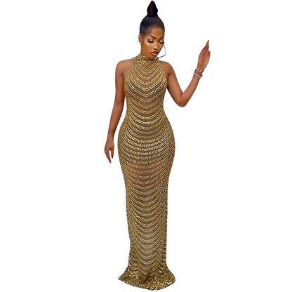 Fashionable Backless Nightclub Party Formal Dress Rhinestone See-through Dress For Women