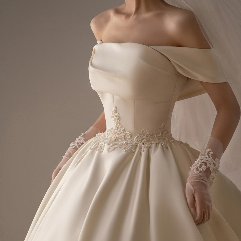 Vintage Satin Off-Shoulder Ball Gown Wedding Dress - Retro A-Line Bridal Gown.
