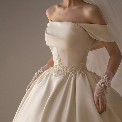 Vintage Satin Off-Shoulder Ball Gown Wedding Dress - Retro A-Line Bridal Gown.