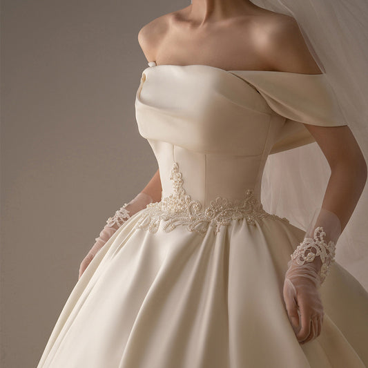 Vintage Satin Off-Shoulder Ball Gown Wedding Dress - Retro A-Line Bridal Gown.