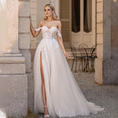 Romantic Off-the-Shoulder Tulle A-Line Wedding Dress with High Slit.