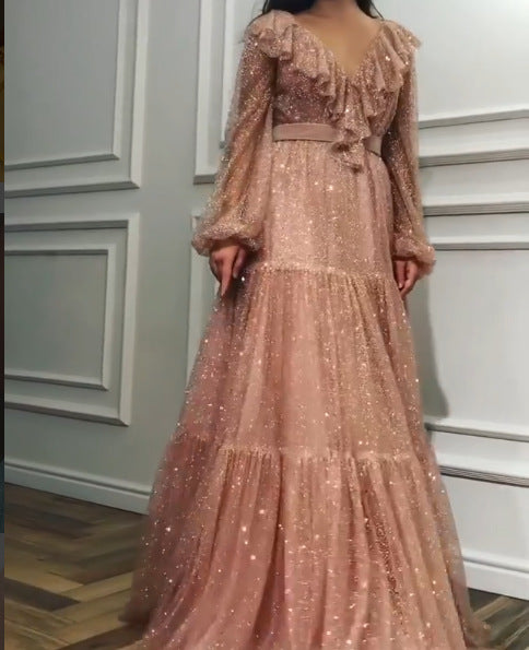 V-neck Sequin Dress With Big Swing Long Dress