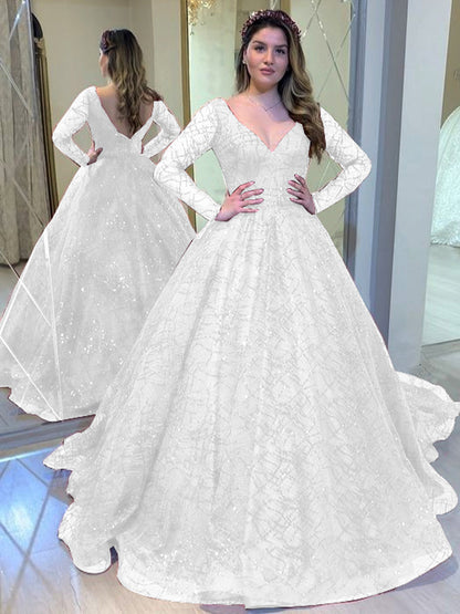 Long Sleeve Sequin Ball Gown - V-Neck A-Line Formal Evening Dress