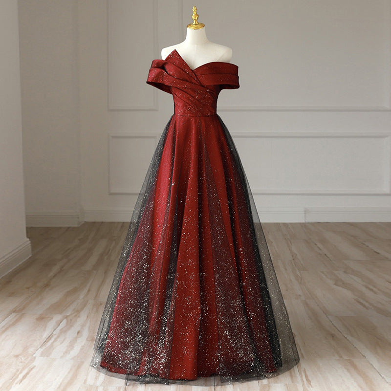 Off-shoulder Red Formal Dress Plus Size Slimming Engagement Dress