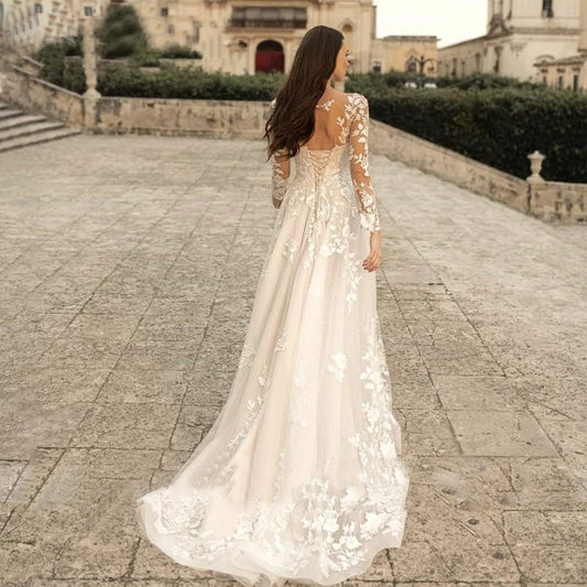 Romantic Illusion Lace Long Sleeve Wedding Dress | Tulle A-Line Bridal Gown.