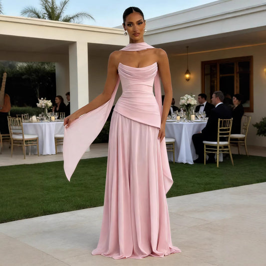 Strapless Corset Maxi Dress - Ruched Evening Gown with Attached Scarf Cape