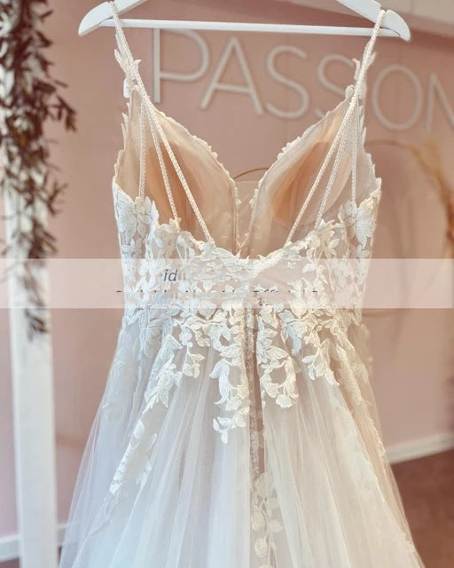 Classic V-Neck Satin A-Line Wedding Dress with Delicate Lace Straps.