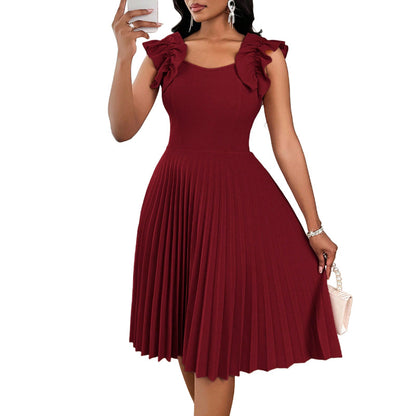 Womens Solid-Color Ruffle-Sleeve Square-Neck Pleated Dress