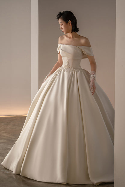 Vintage Satin Off-Shoulder Ball Gown Wedding Dress - Retro A-Line Bridal Gown.