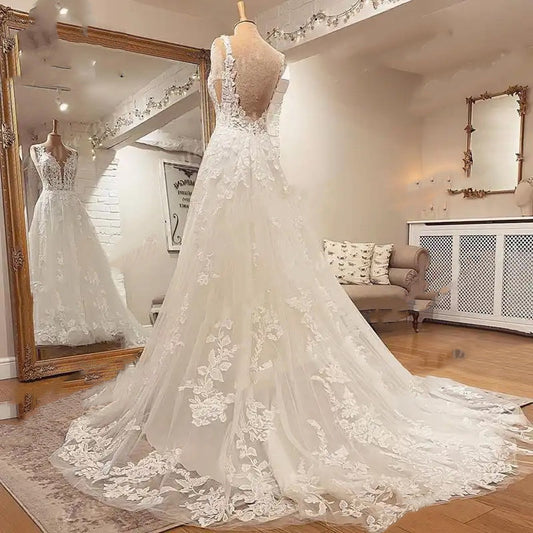 Sparkly Sequin Wedding Dress with Long Sleeves - Romantic A-Line Bridal Gown.