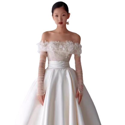 Mori Girl Off-Shoulder Ball Gown Wedding Dress - Ethereal Satin Bridal Gown.