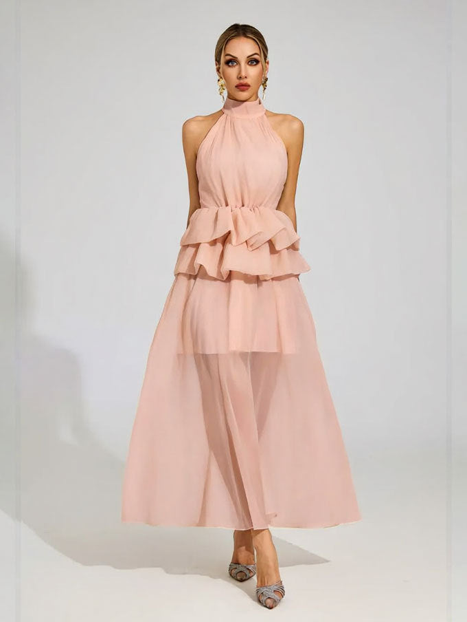 Flowy Ruffled Dress With A Halter Neckline