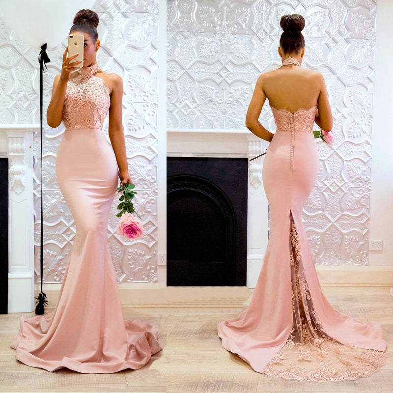 Halter Neck Mermaid Prom Dress - Lace Bodice Evening Gown with Train