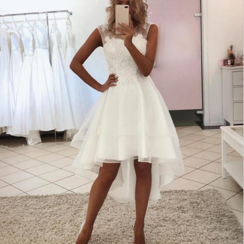 Lace Illusion High-Low Wedding Dress | Simple A-Line Bridal Gown.