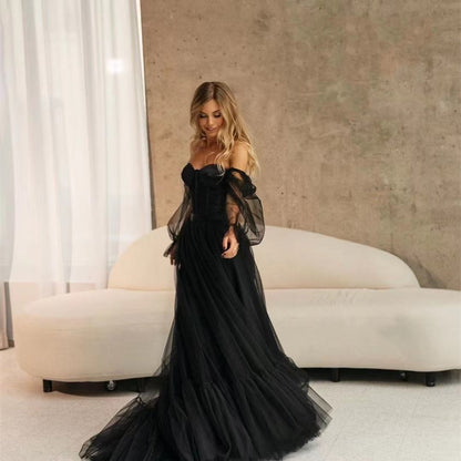 Women's Long Sleeve Transparent Lace Black Formal Dress