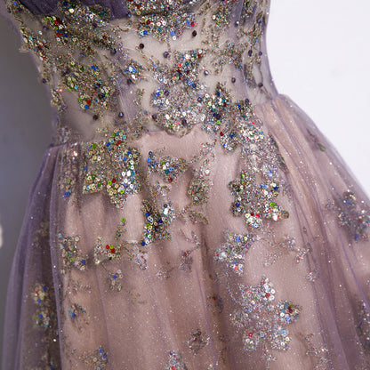 Tube Top Evening Dress Female Purple Trailing Dress