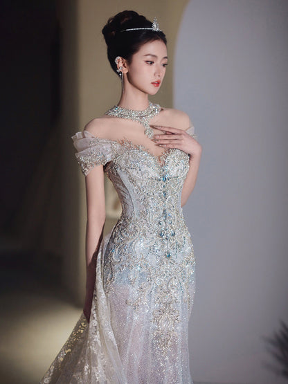 Luxury Glitz Mermaid Wedding Dress with Detachable Cape Train.