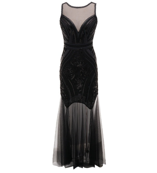 Vintage  Bridesmaid Beaded Mesh Sequin Evening Dress